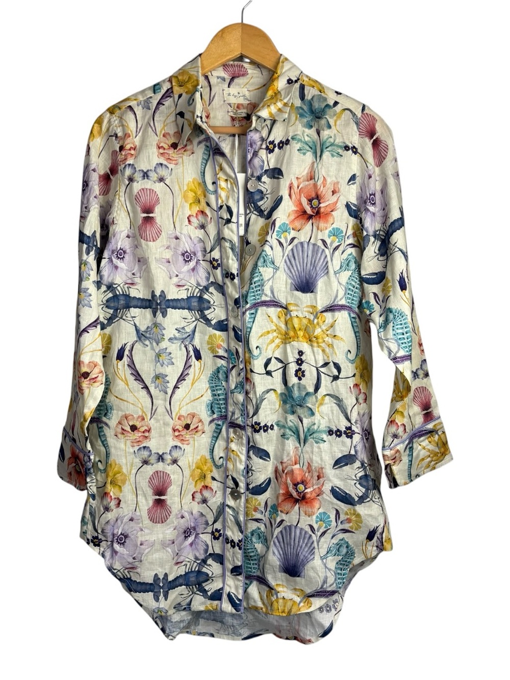 The Lazy Poet Sissy Seahorses & Friends Ecru Sleep Shirt Pajamas 100% Linen XS.